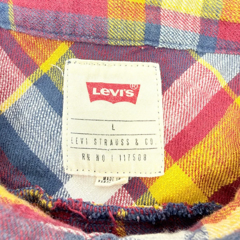 Levi's Plaid Flannel Shirt Mens Large Long Sleeve Button Down Red Yellow Blue